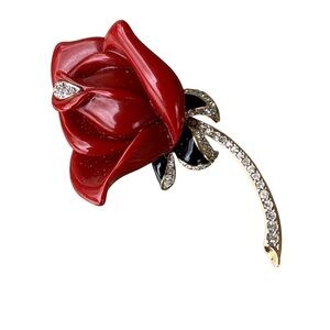 KJL Kenneth Jay Lane Rose Flower Brooch Burgundy Lucite Rhinestones Enamel